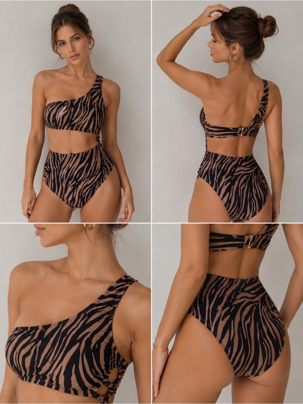 Shade & Shore One-Shoulder Zebra-Print One-Piece — Black & Brown
